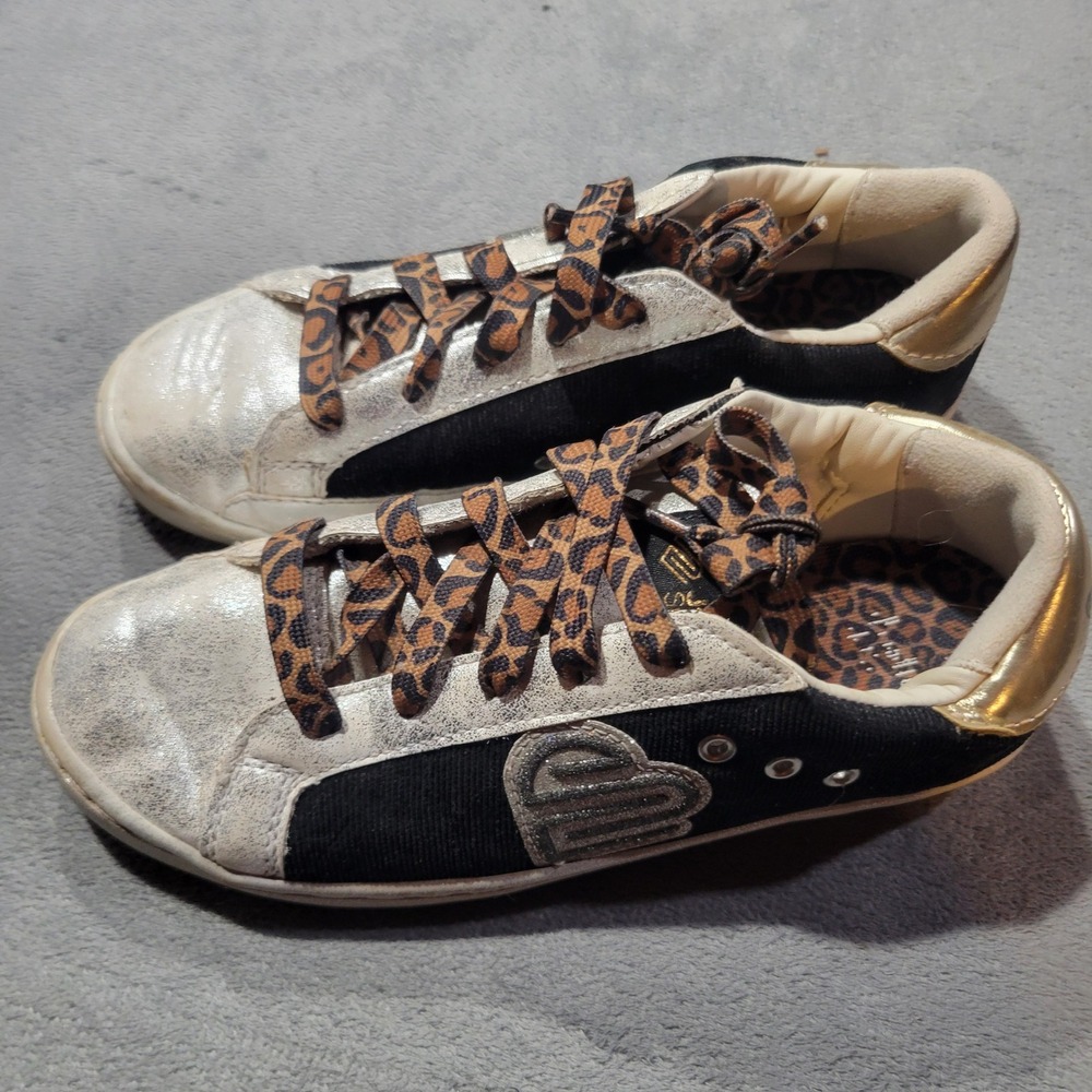 Justice Sport Sneakers Girls‎ Size 3 Black Gold Silver Leopard Print Heart GMJU4